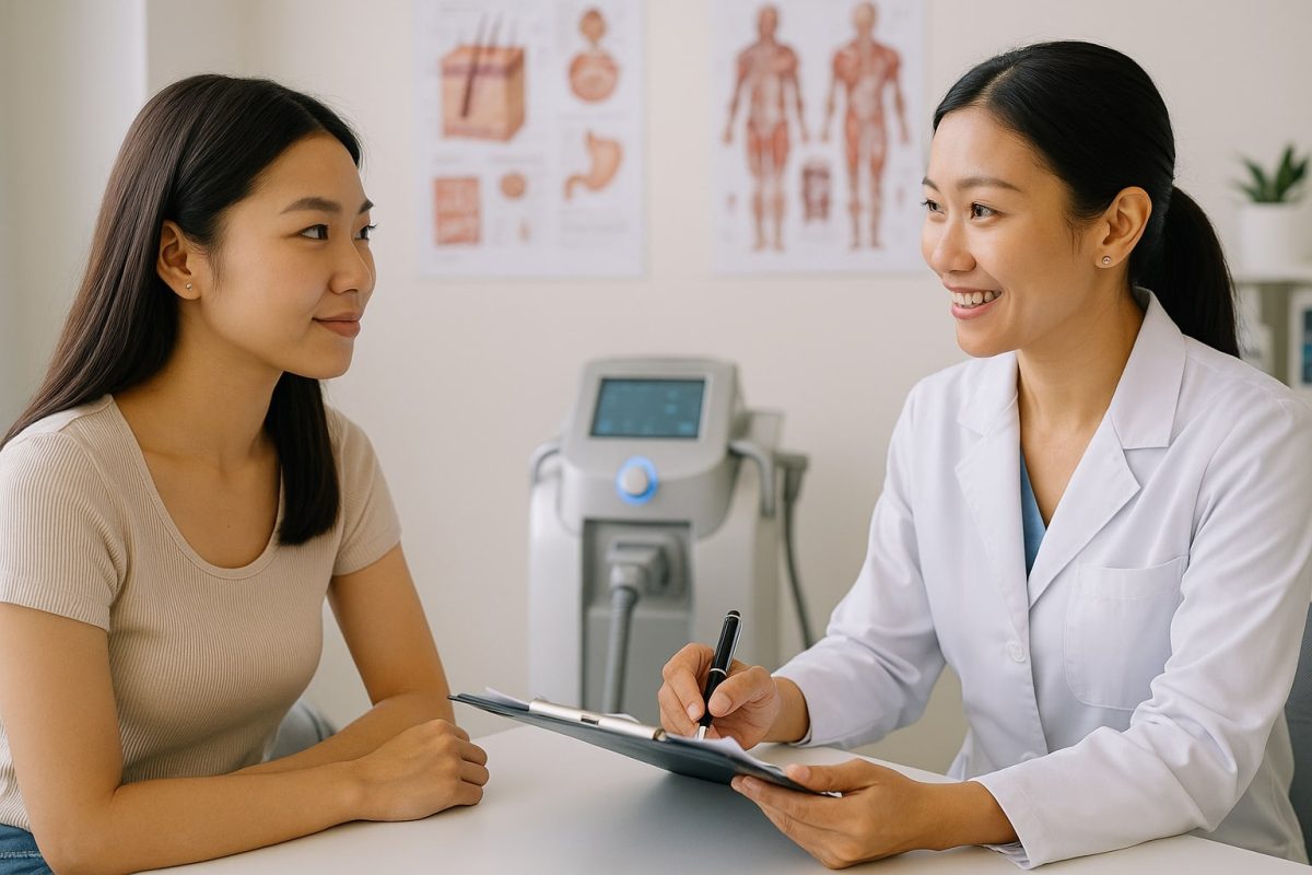 a female consulting a doctor about cryolipolysis