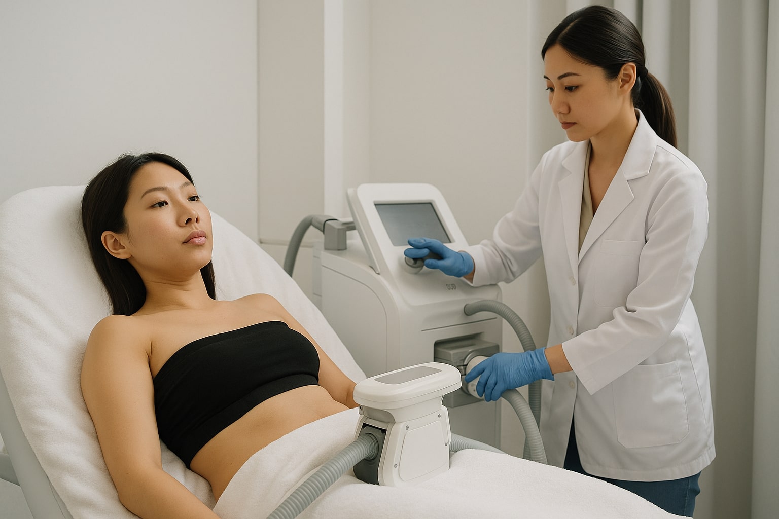 a doctor performing cryolipolysis on a female patient