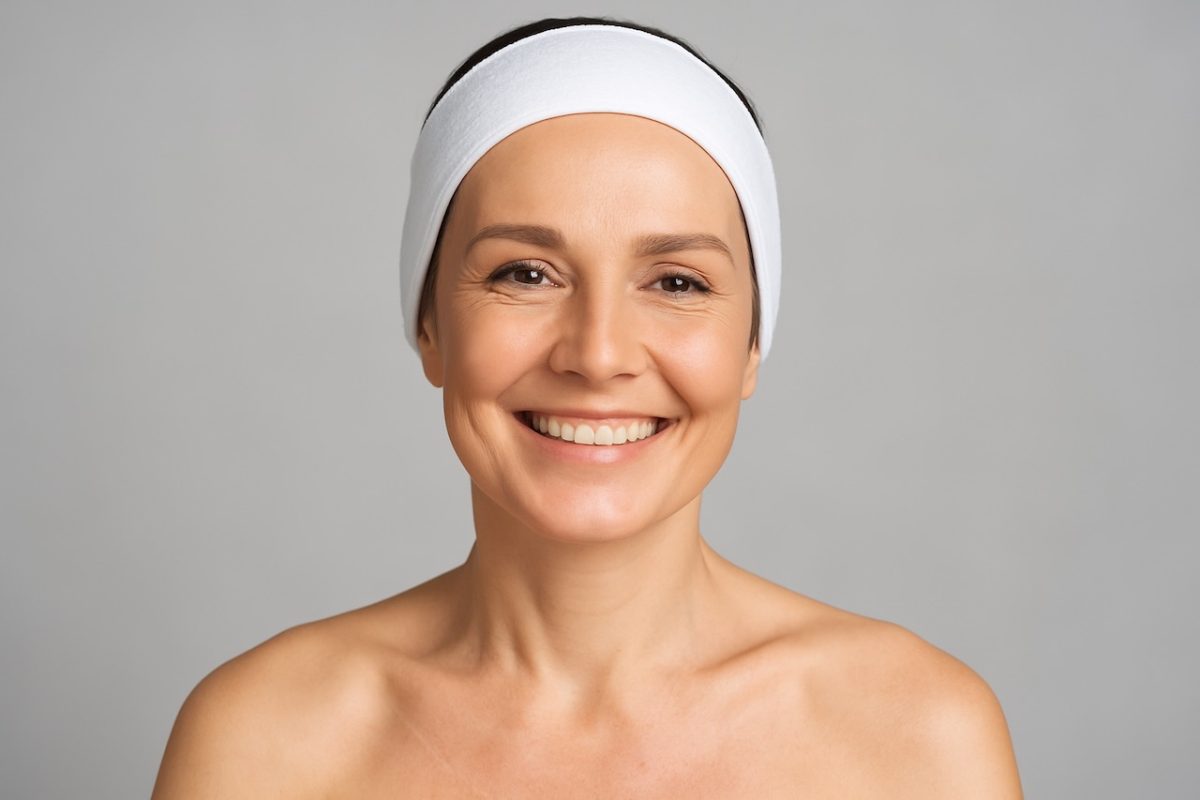 a person with clear skin smiling with teeth