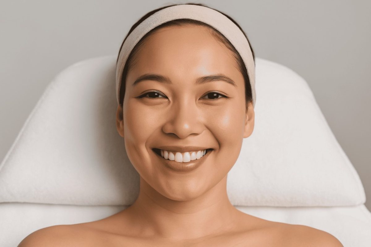 an asian with clear skin and smiling after a facial treatment