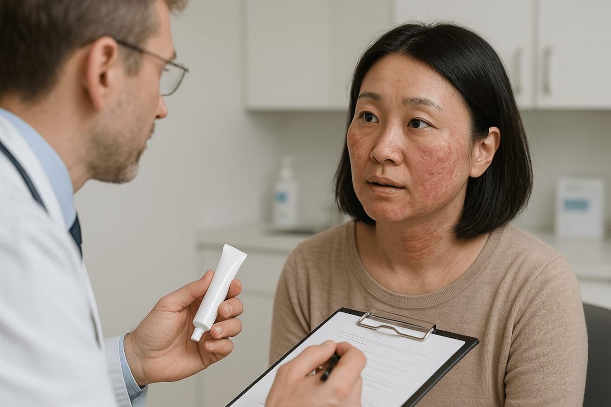a doctor consulting a patient while holding a tube cream and clipboard