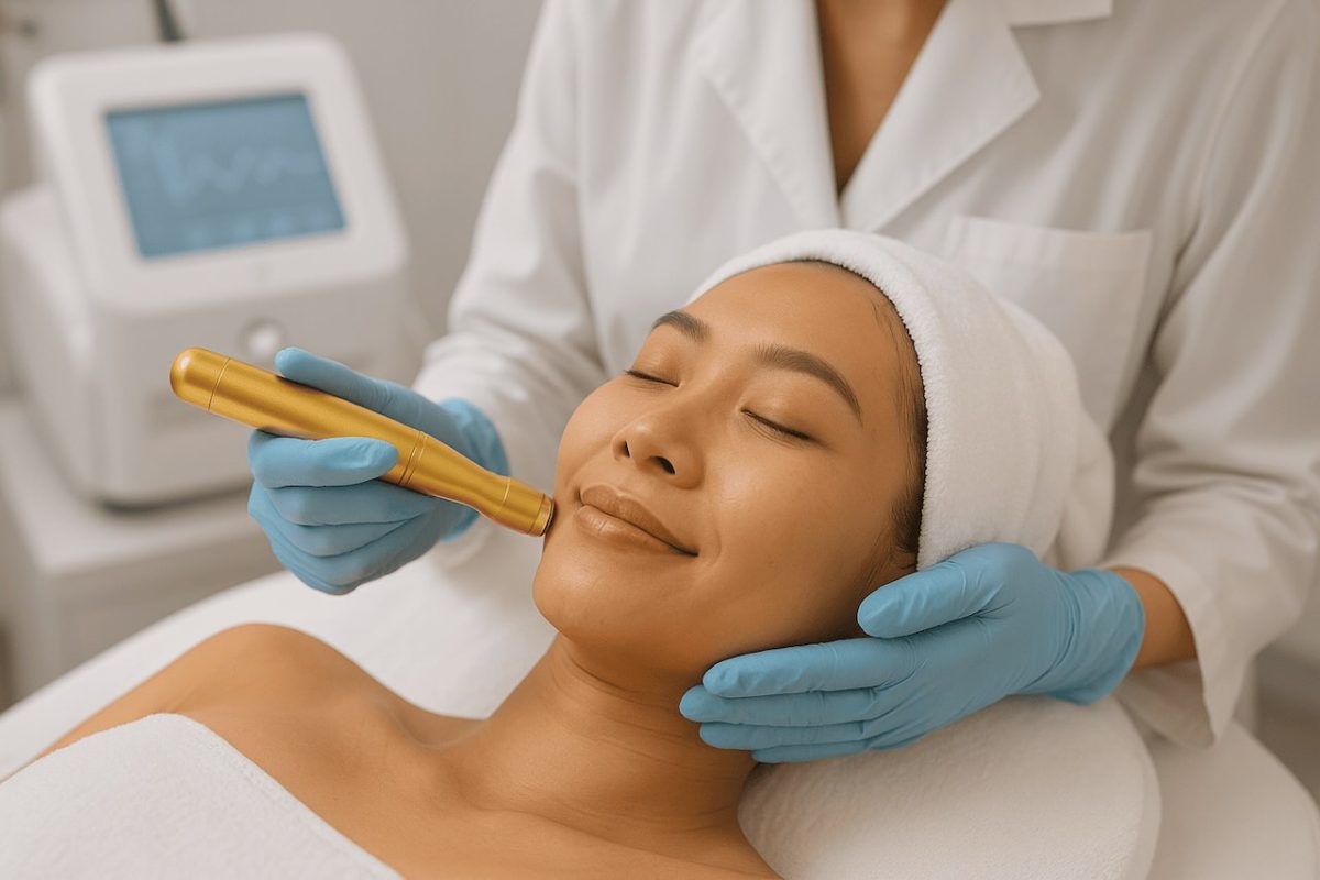 an aesthetician performing facial treatment on a customer