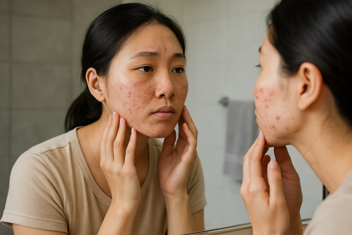 a person with acne looking at the mirror