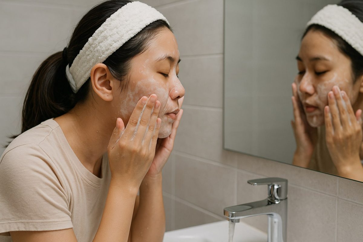 a person washing her face