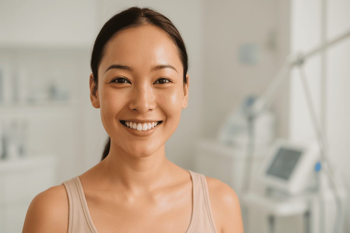 an asian woman with clear skin in a facial clinic