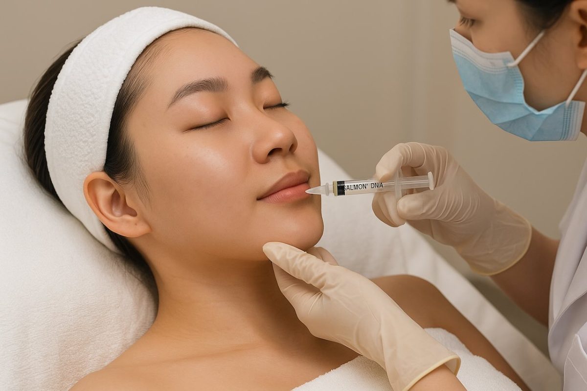 a dermatologist injection salmon dna on a person's lip