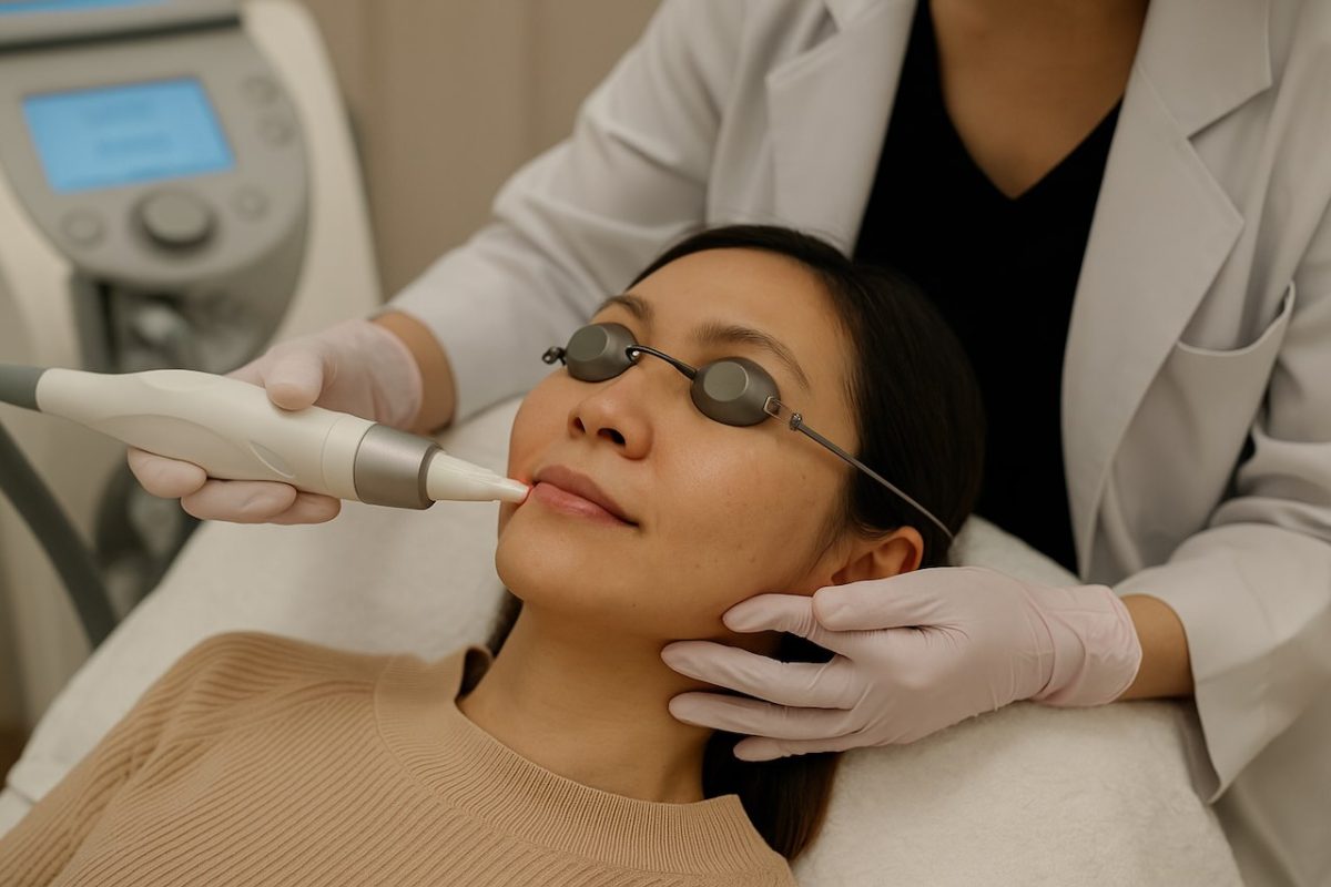 an aesthetician performing laser skin resurfacing treatment on a person