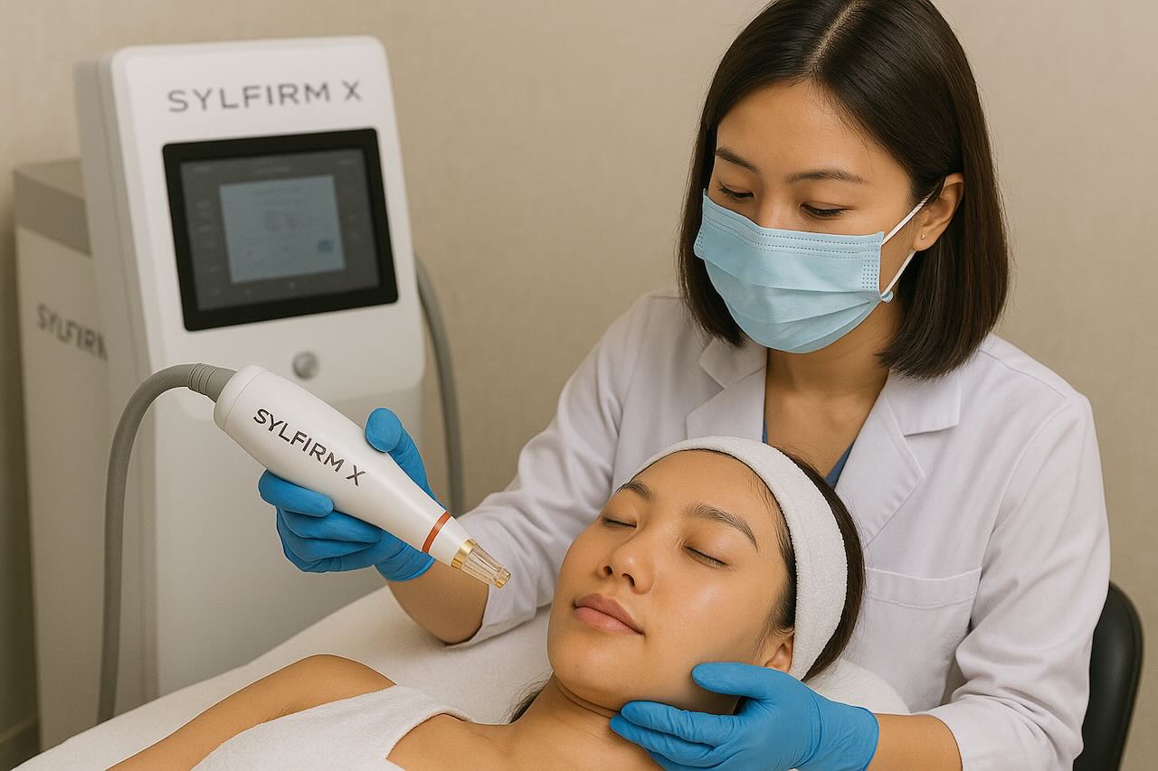 an aesthetician performing sylfirm x treatment on a customer