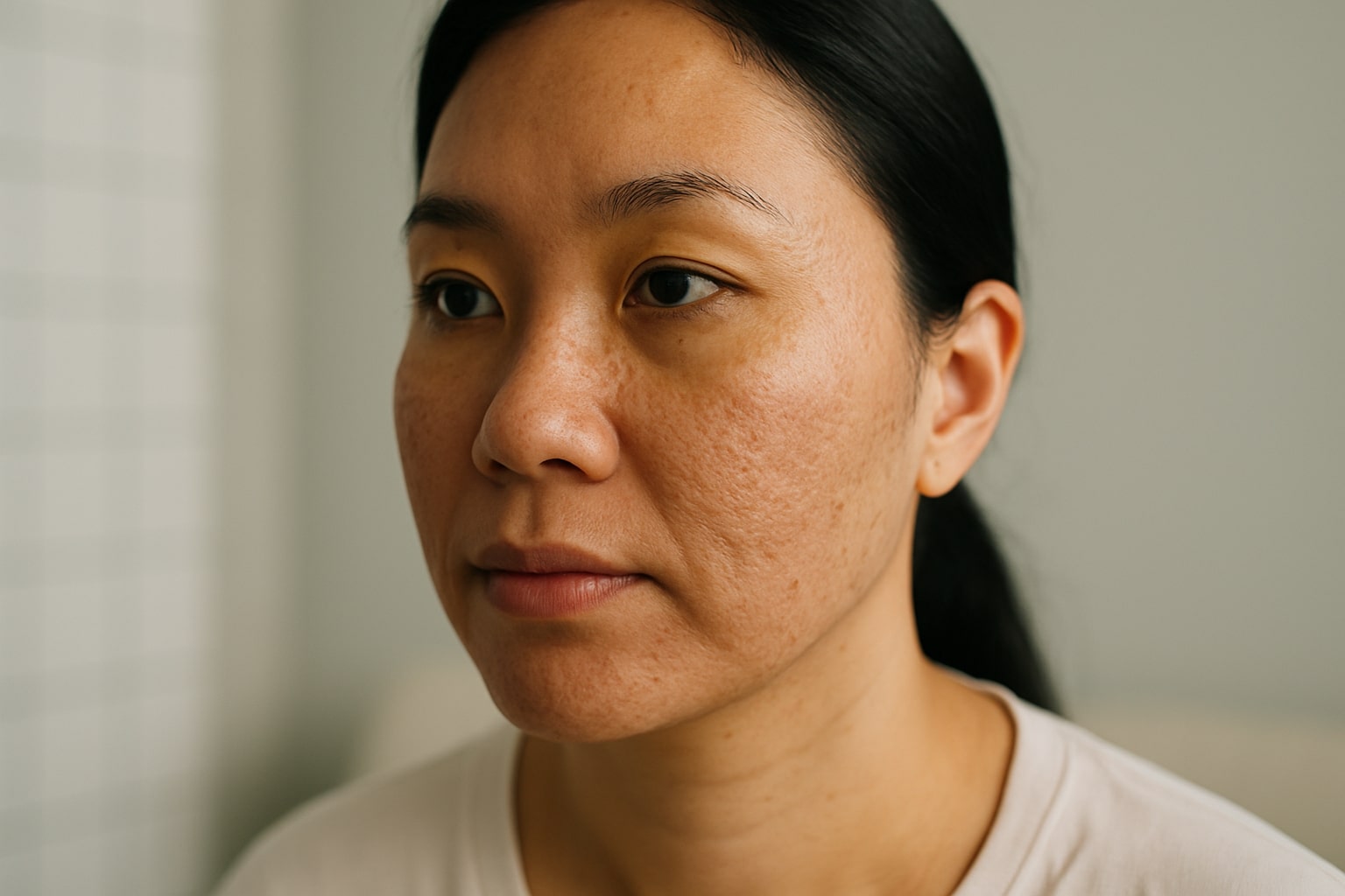 an asian person with textured skin