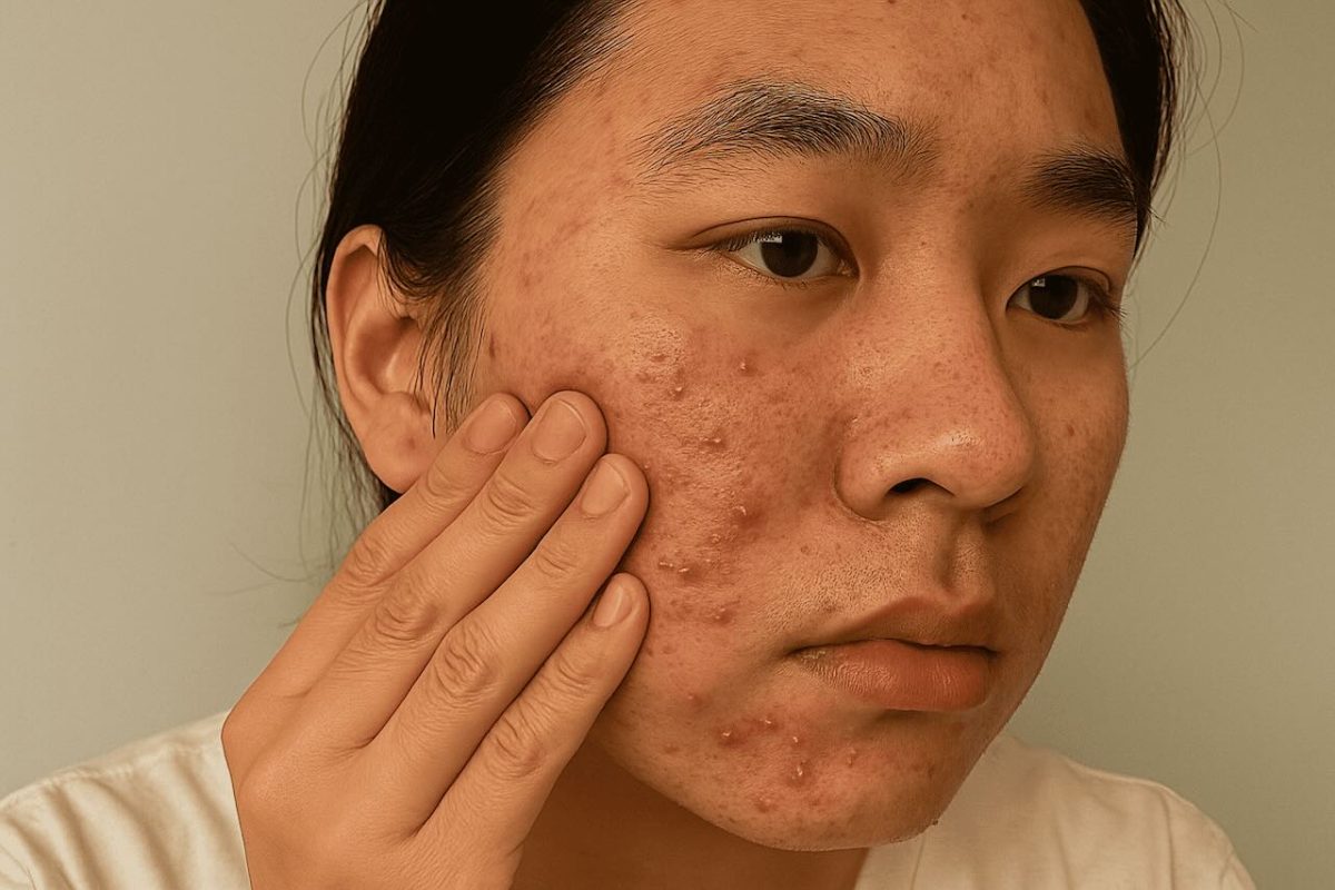 Close-up of a young Asian person with acne-prone skin gently touching their cheek, showing visible red spots and blemishes on the face.