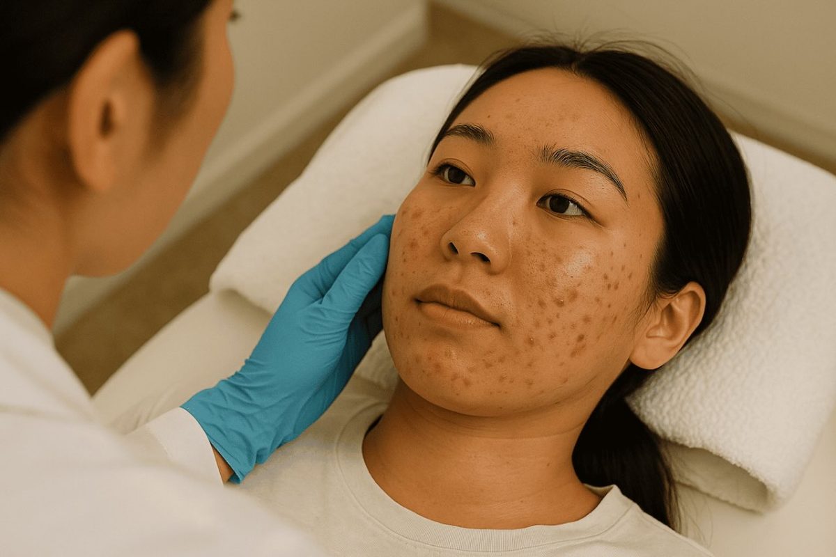 A young Asian woman with acne-prone skin lying on a dermatologist’s treatment bed while being gently examined by a healthcare professional wearing blue gloves.