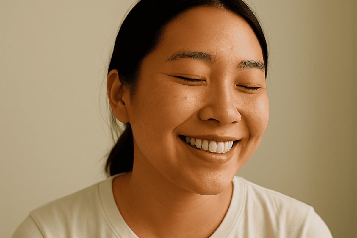 A young Asian woman smiling with her eyes closed, showing smooth, clear skin after dermatological treatment, in a softly lit indoor setting.