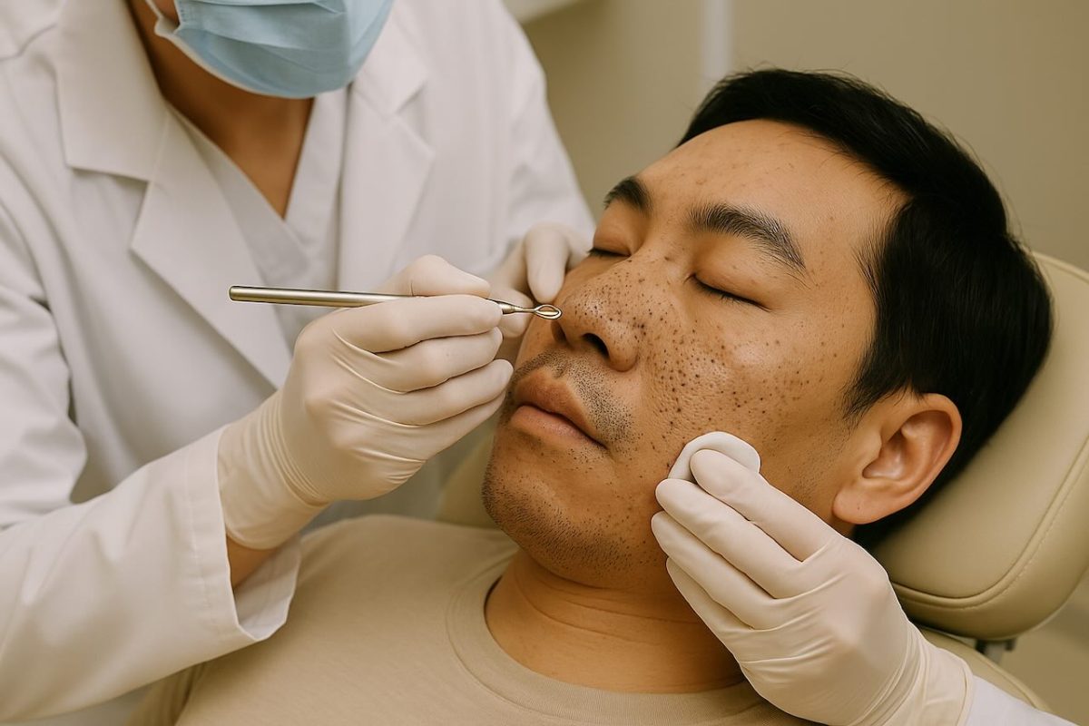 Asian man reclined in a clinic chair getting blackhead extraction by a dermatologist.