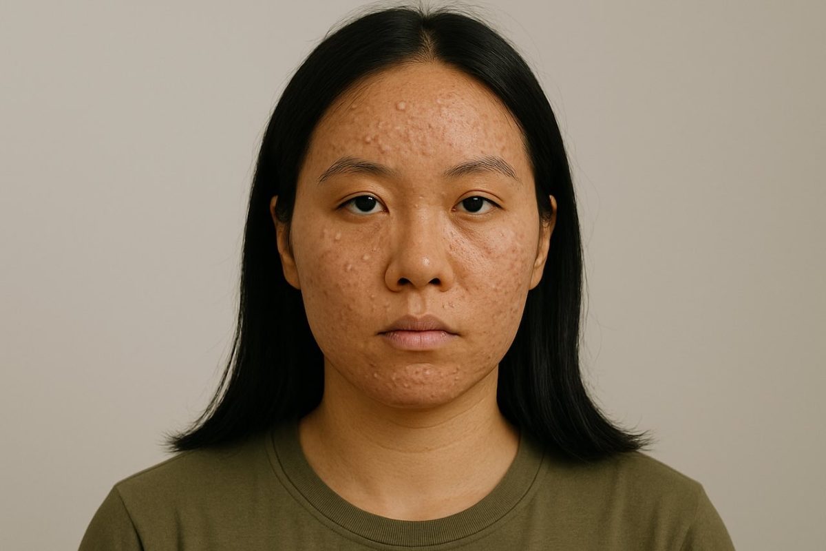 Asian woman with short black hair and visible comedonal acne, facing forward against a plain background.
