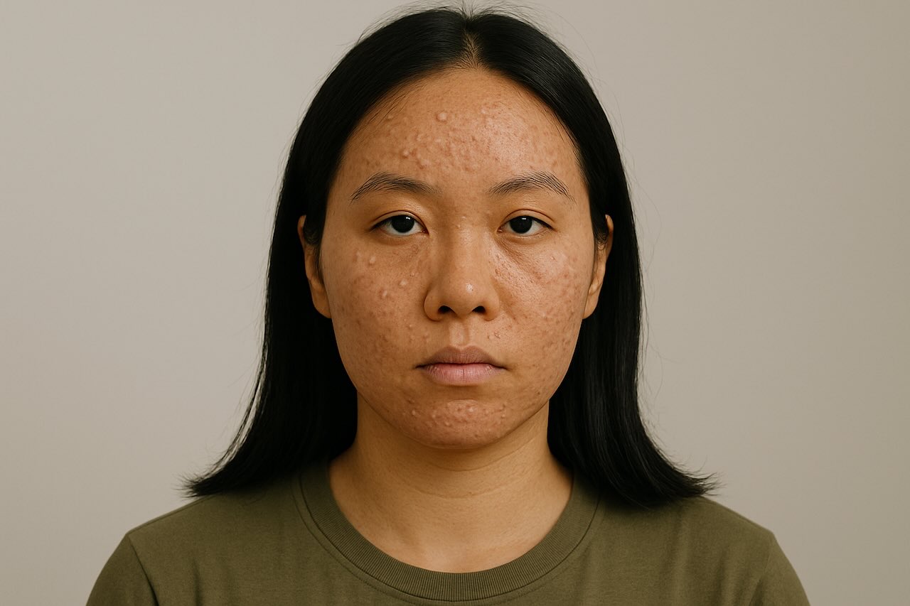 Asian woman with short black hair and visible comedonal acne, facing forward against a plain background.