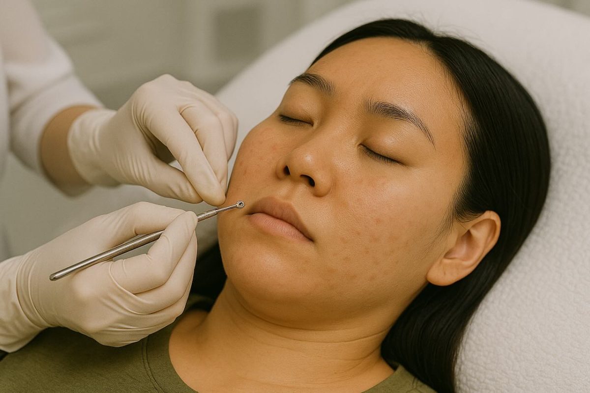 Asian woman with comedonal acne undergoes professional extraction at dermatologist clinic.