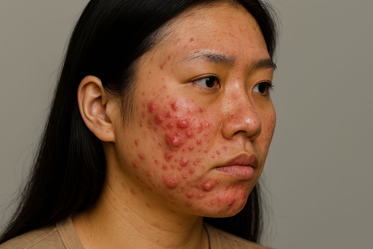 Woman with severe cystic acne on her cheek, looking serious, against a plain grey background.