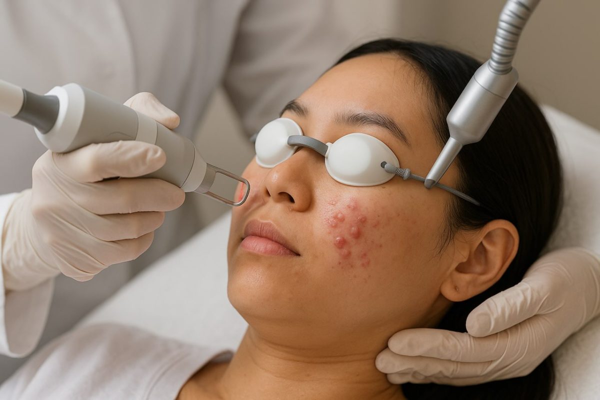 Asian woman undergoing CO2 laser treatment on cystic acne, wearing goggles in a clinic.
