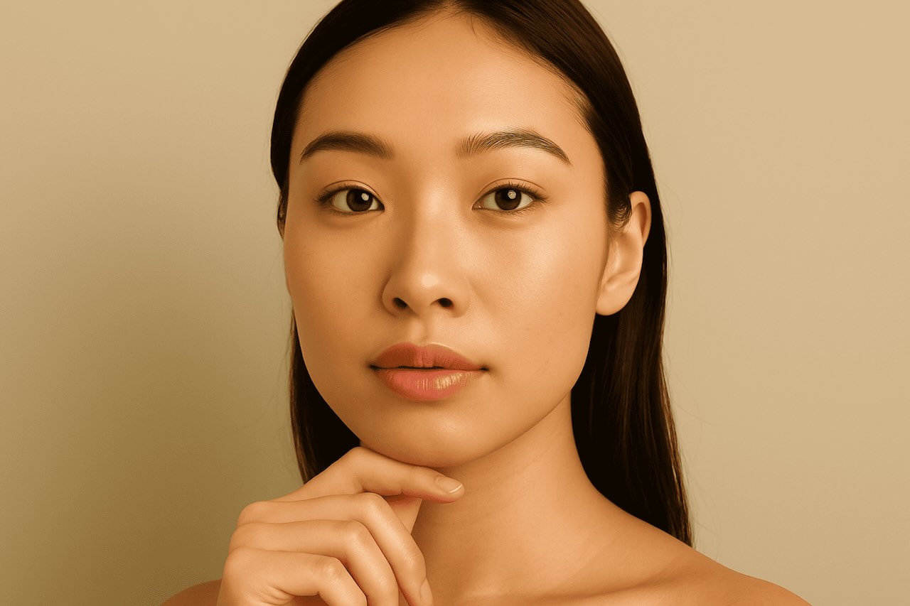 Close-up of a young Asian woman with smooth skin and minimal makeup posing in front of a solid beige background, with her hand gently resting under her chin.