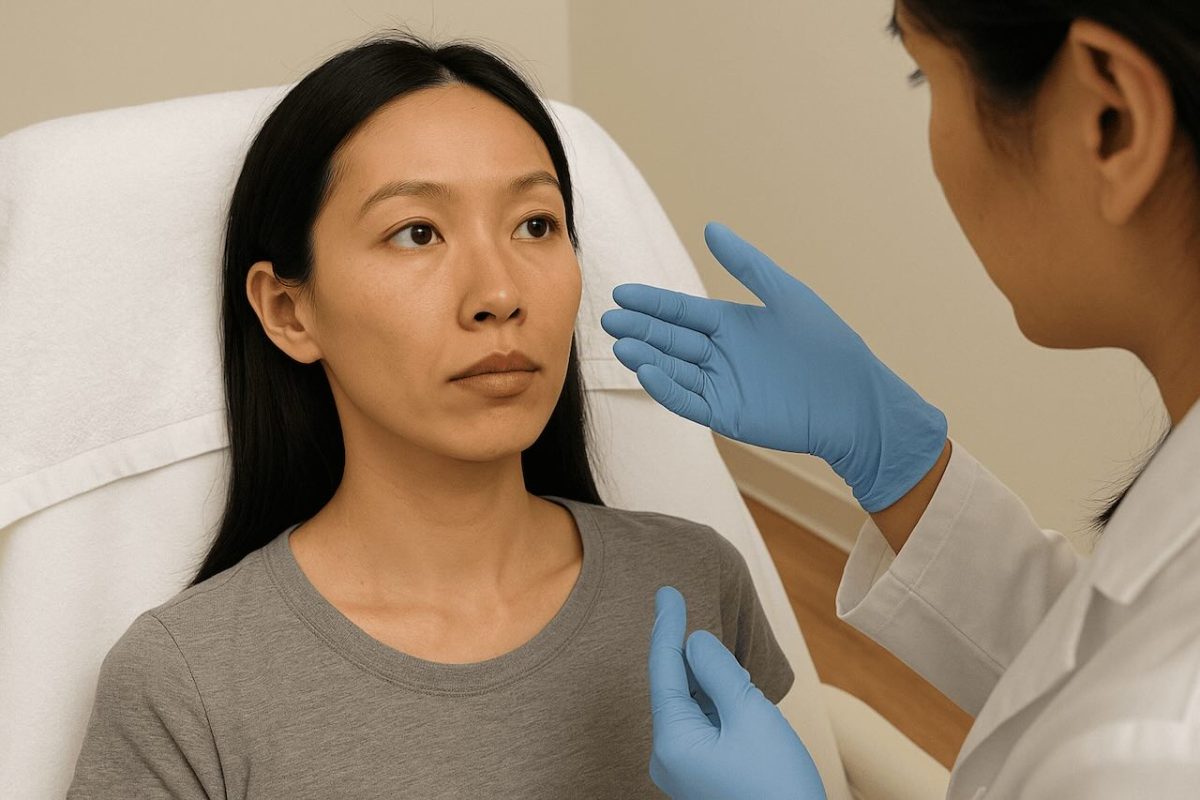 A female dermatologist wearing blue gloves consulting an Asian woman with a neutral expression, seated on a treatment bed in a clinical setting.