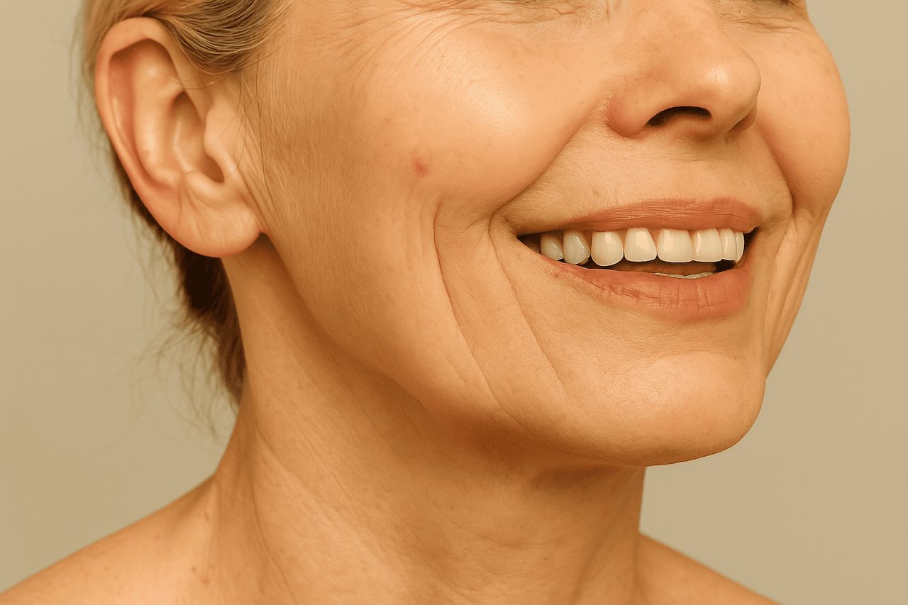 Close-up of a middle-aged woman smiling, with visible marionette lines and fine wrinkles around her mouth and chin, captured in natural lighting against a neutral background.
