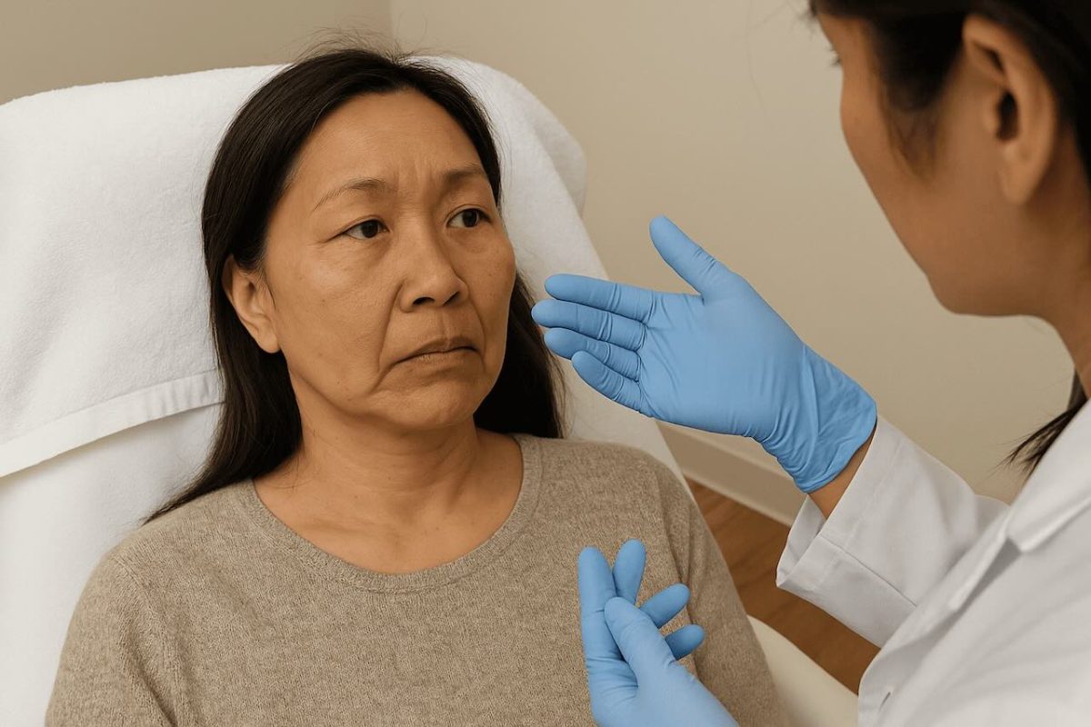 A female dermatologist in blue gloves consulting an older Asian woman with visible marionette lines and sagging skin, in a clinical setting with soft, natural lighting.