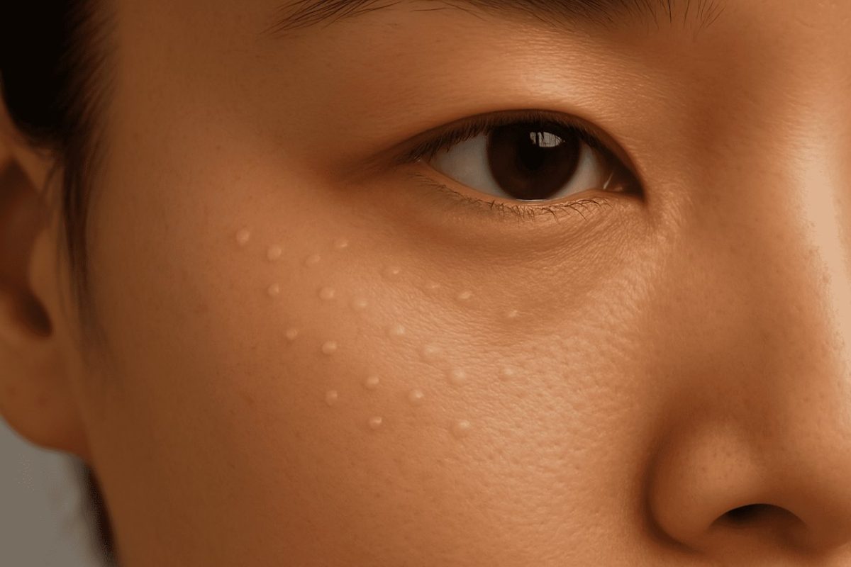 Close-up view of a young Asian woman's face showing small white milia bumps clustered under the eye on smooth skin.