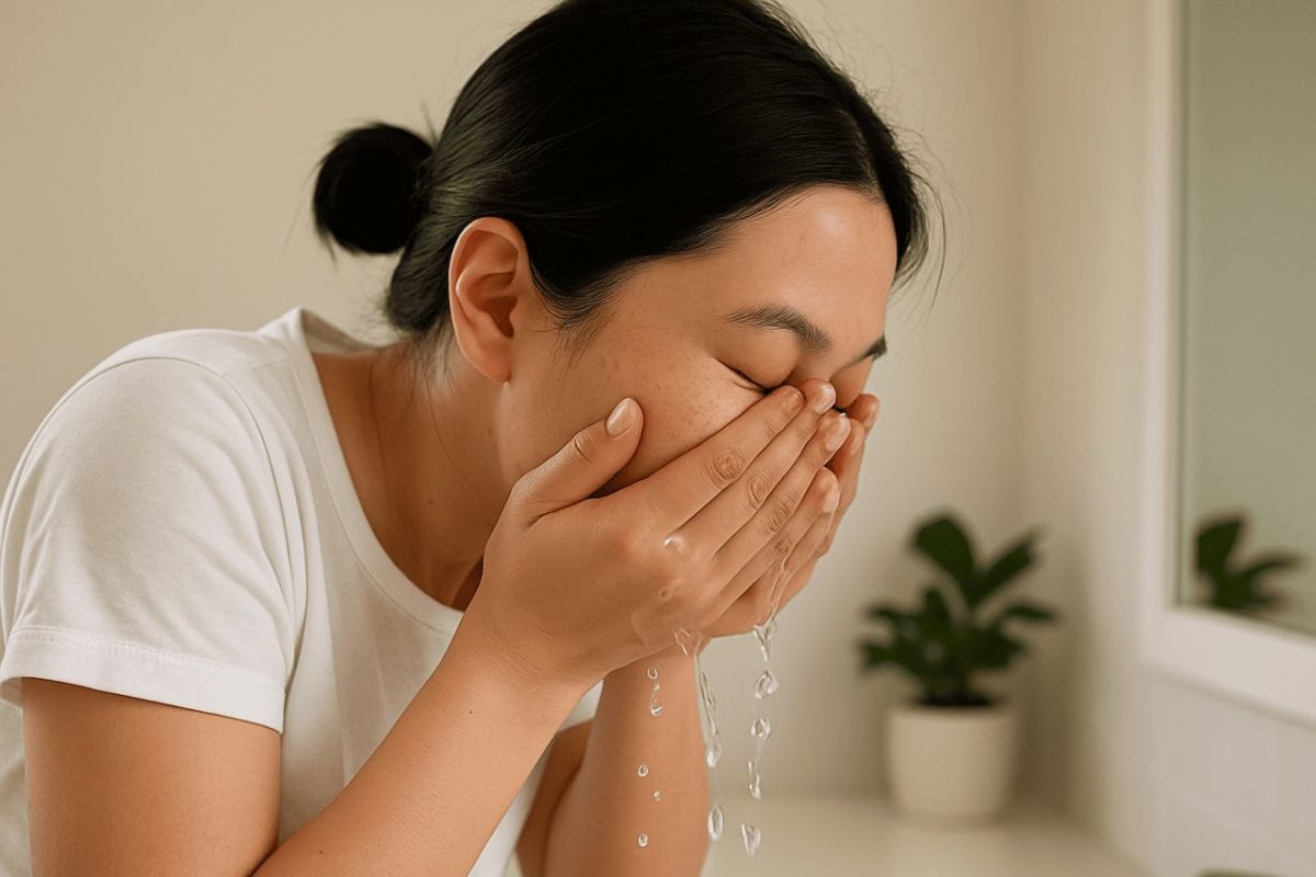 A young Asian woman with her hair tied back washing her face with water in a bright bathroom, water droplets visible on her hands and face.