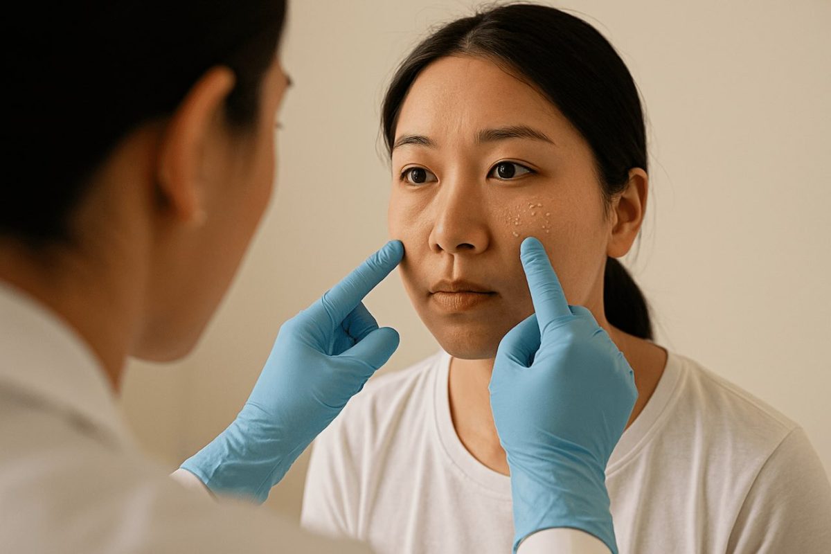 A young Asian woman consulting a dermatologist who is wearing blue gloves, with both hands gently pointing to milia on her cheek in a well-lit clinical setting.