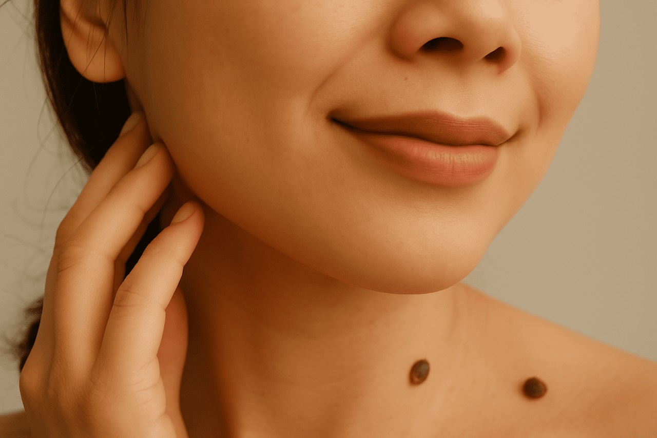 Close-up of a young Asian woman gently touching her neck, showing two visible moles below her chin and a soft smile with smooth skin.
