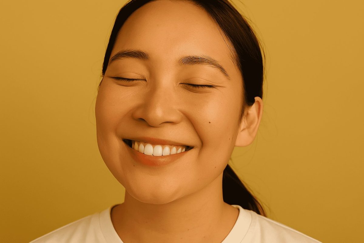 A young Asian woman smiling with eyes closed against a solid mustard yellow background, showing clear skin and a relaxed expression.