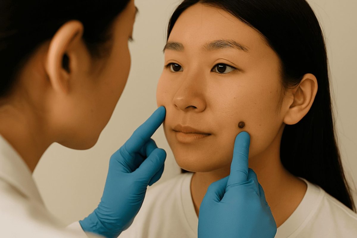A female dermatologist wearing blue gloves gently examining a raised mole on the cheek of a young Asian woman during a skin consultation.