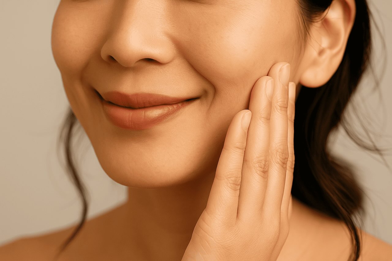 Close-up of a young Asian woman smiling gently with her hand resting on her cheek, showing soft nasolabial folds and smooth, glowing skin.