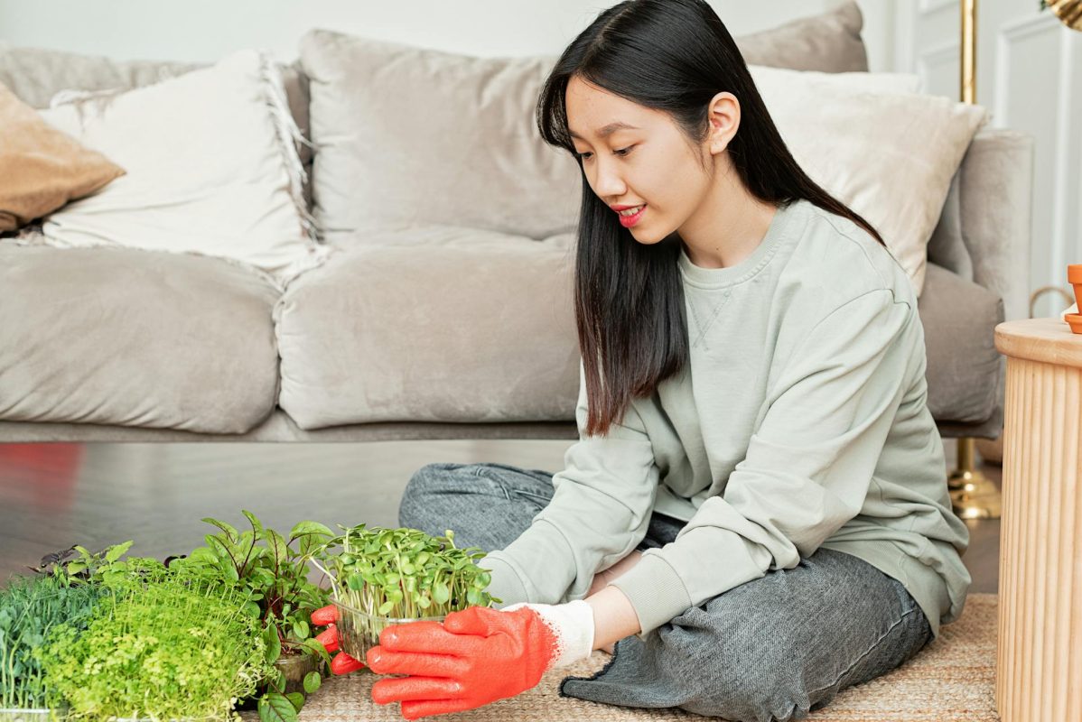 A young Asian woman sitting cross-legged on the floor indoors, wearing casual clothes and red gardening gloves, carefully tending to fresh green plants with a relaxed expression.