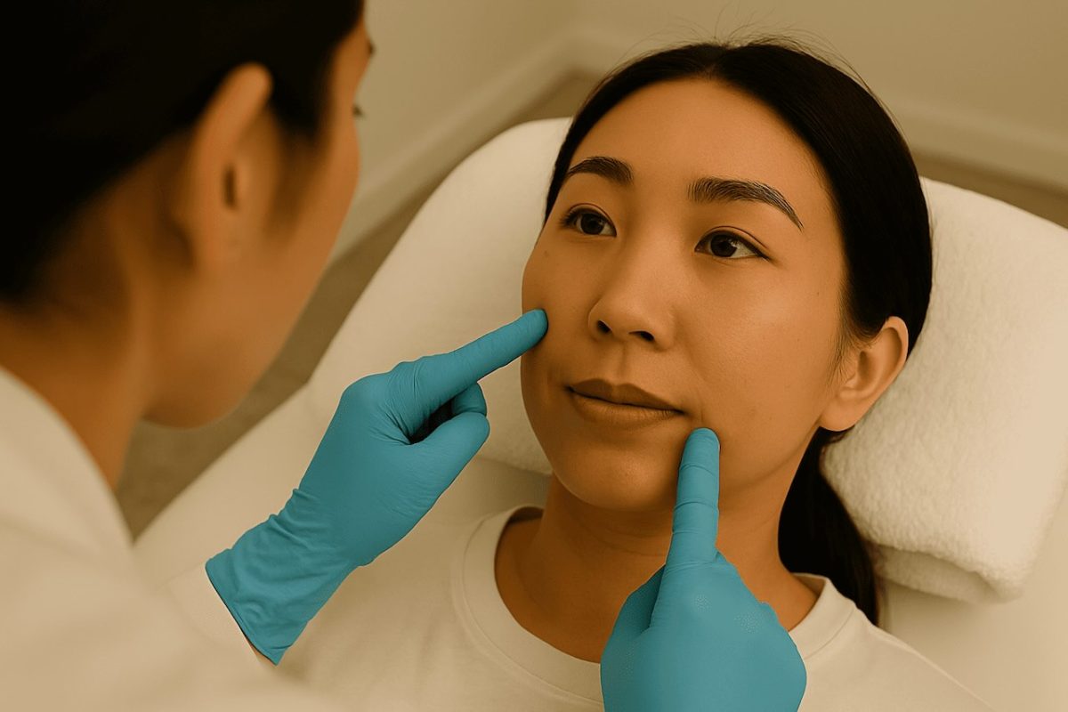 A young Asian woman lying on a treatment bed while a dermatologist in blue gloves gently touches her cheeks to assess her smile lines and skin texture.