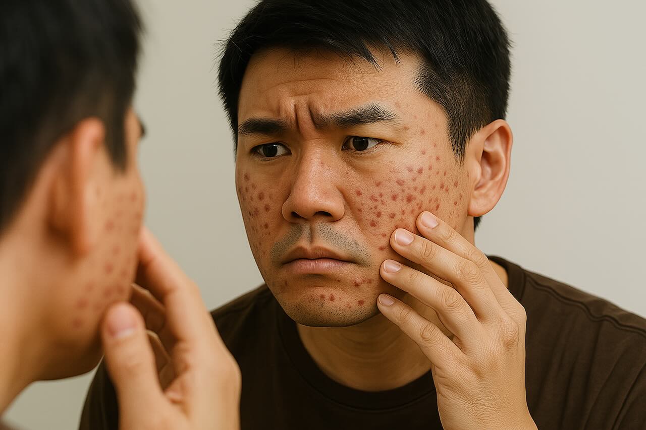 A man examines nodular acne on his face while looking closely at his reflection in a bathroom mirror.