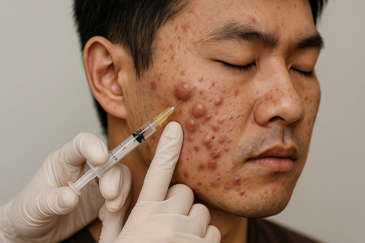 An Asian man with nodular acne receives a steroid injection on his cheek at a dermatology clinic