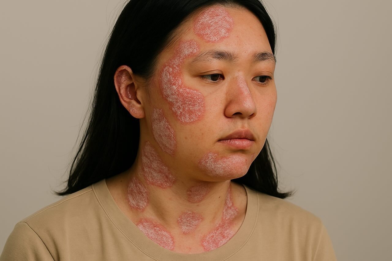Young Asian woman with red, scaly psoriasis patches on face, neck, and shoulders, looking serious.