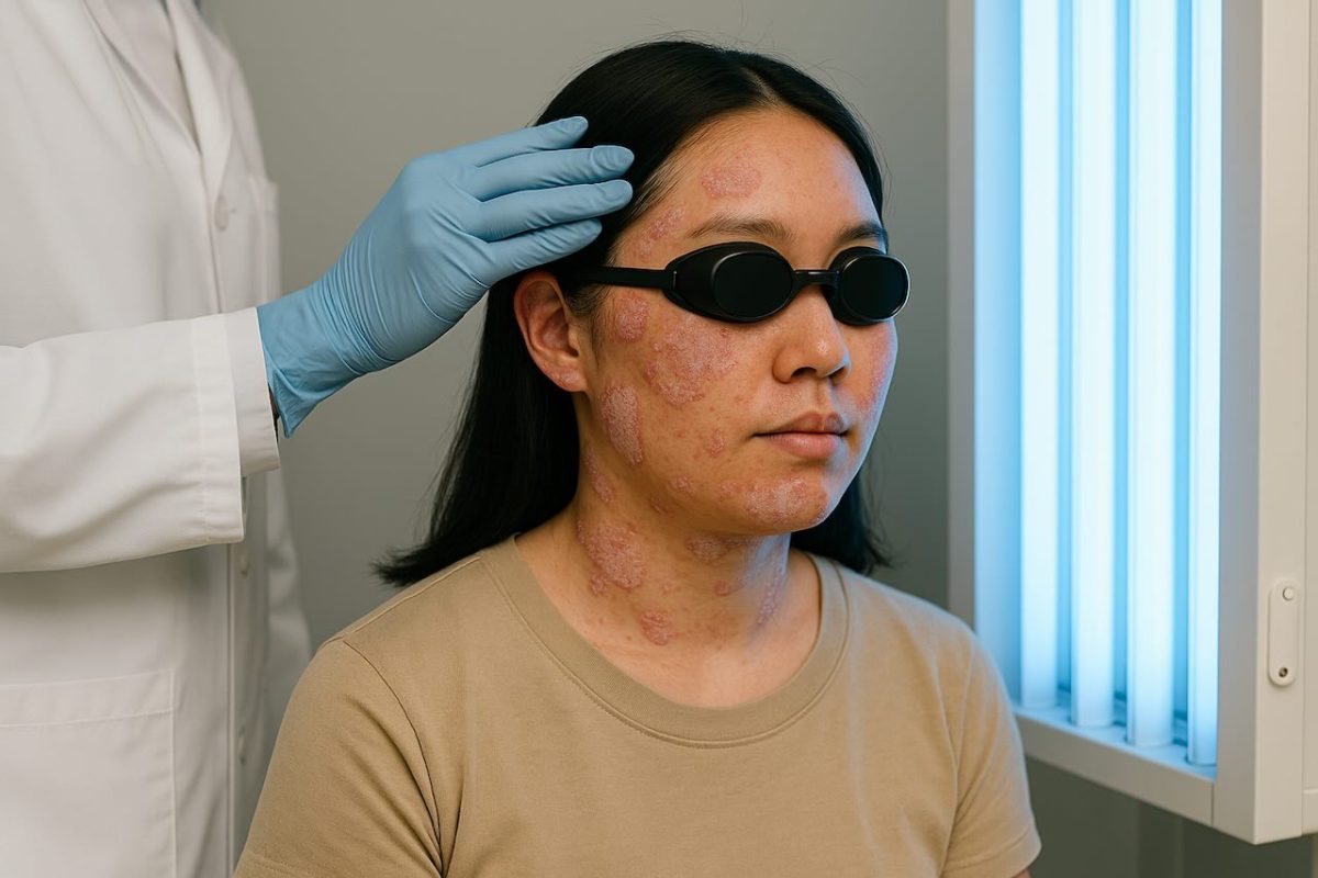 Asian woman with psoriasis gets photodynamic therapy in dermatology clinic