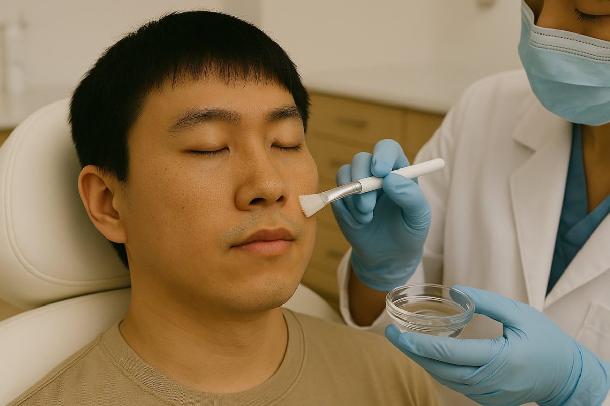 Dermatologist treating sebaceous filaments with chemical peel solution