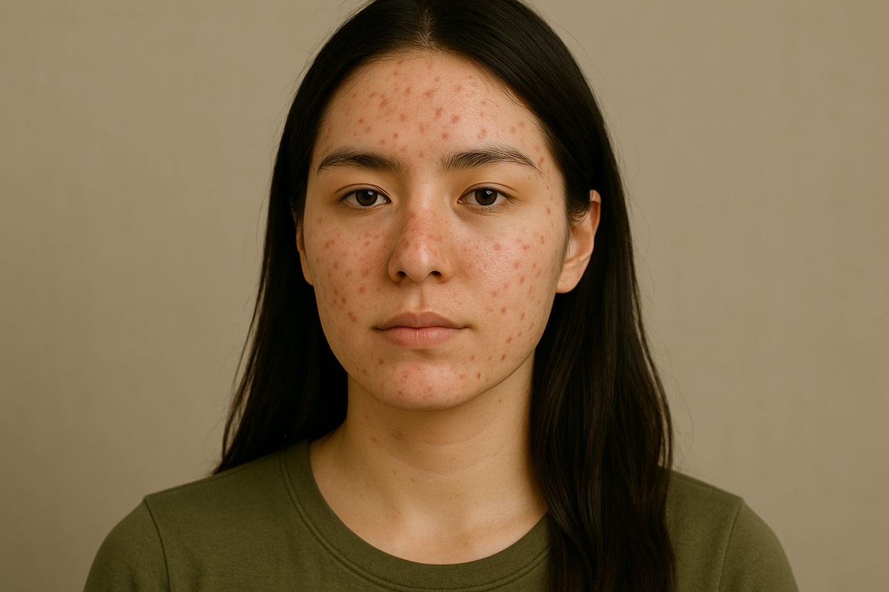 Asian woman with severe breakouts on her face caused by skin purging.