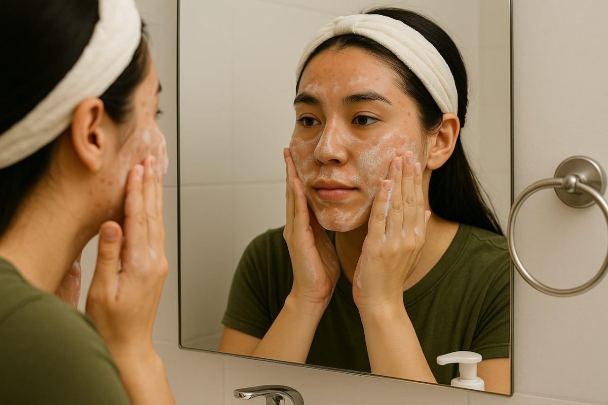 Woman with breakouts washing her face with a mild cleanser to manage skin purging