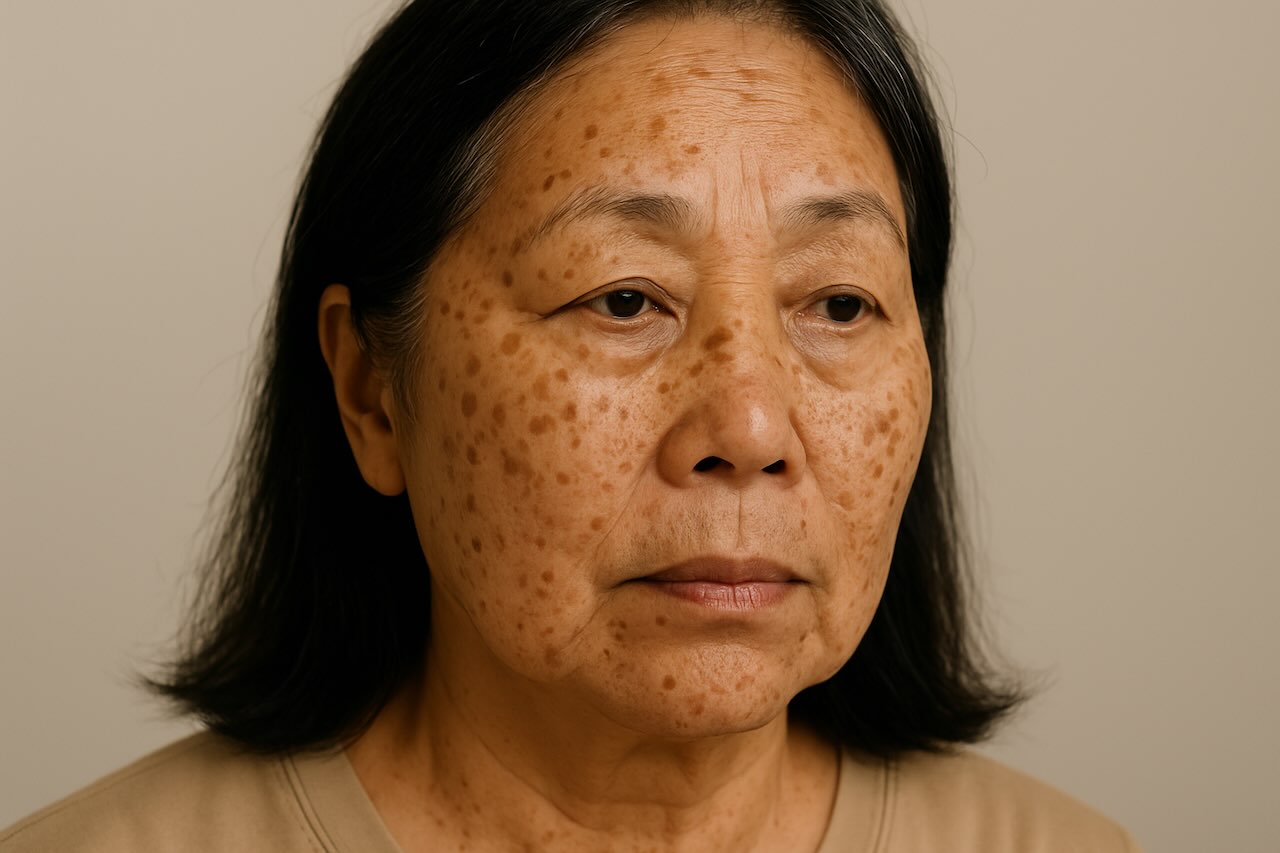 Older Asian woman with dark sun spots on her face due to excessive sun exposure