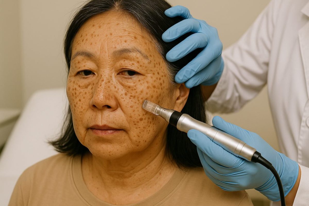 Older Asian woman with sun spots receiving microneedling treatment from clinician.