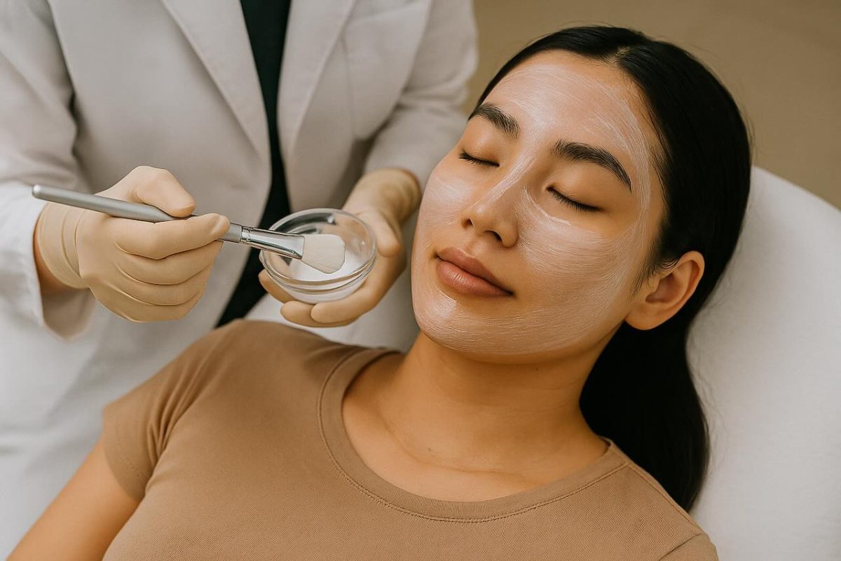 Chemical peel application on young Asian woman at dermatology clinic for smoother, even-toned skin