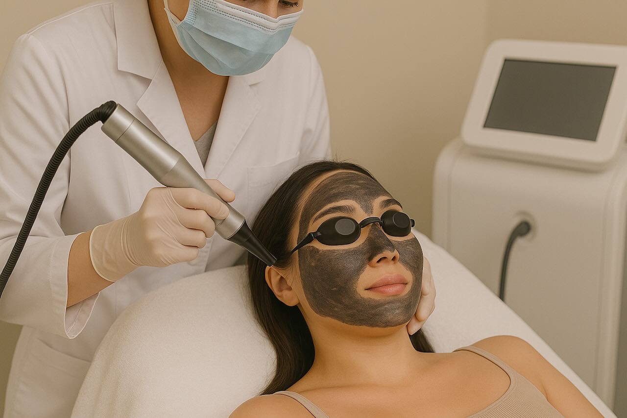 Asian woman receives carbon laser treatment from a dermatologist, with laser device connected to machine in clinic.