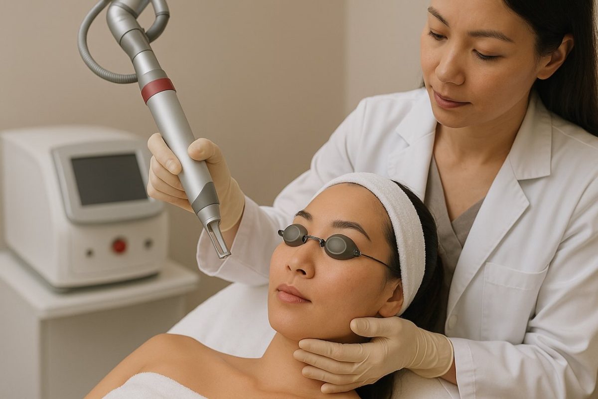 A woman receiving Pico Laser treatment from a professional in a clinic setting wearing protective eyewear.