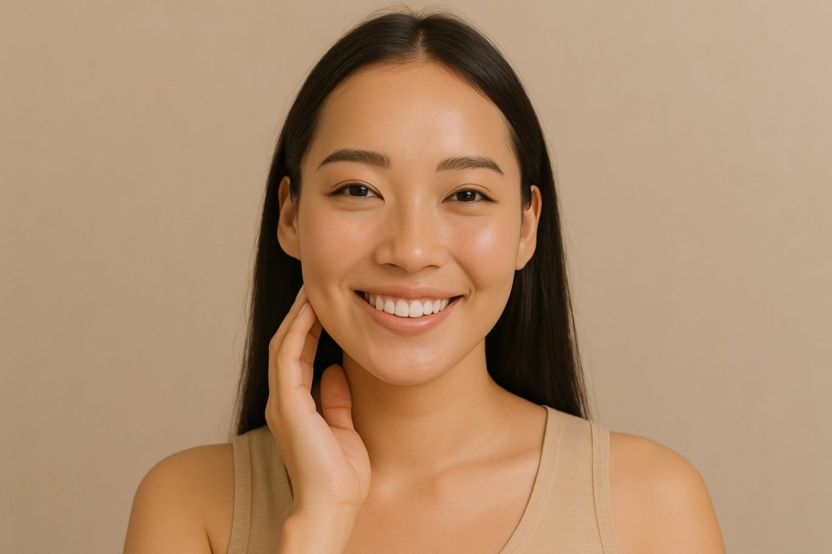 Woman with clear, glowing skin smiling confidently, showcasing the results of laser skincare treatments.