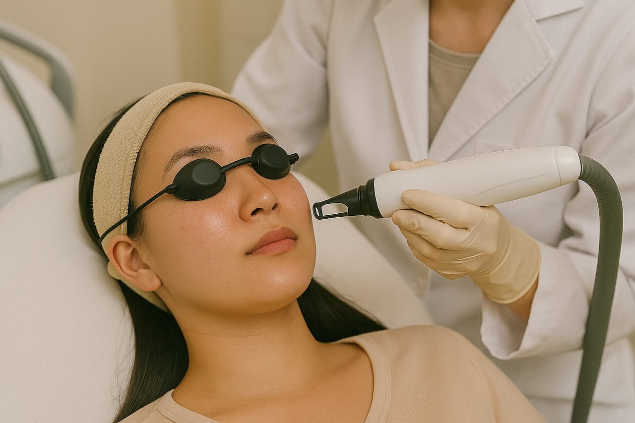 Asian woman receiving Pico laser therapy for acne treatment at a skin clinic