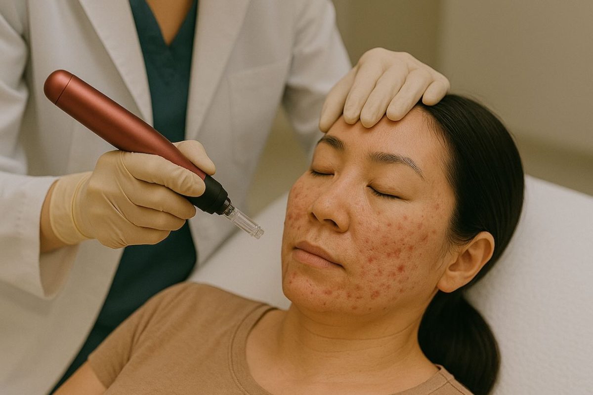 Asian woman undergoing Dermapen microneedling for acne scars at a dermatologist clinic